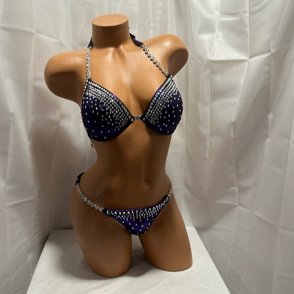 NPC pro cut competition, dark purple 34 D  CUP bikini suit NWT xs small bottoms - Picture 1 of 4